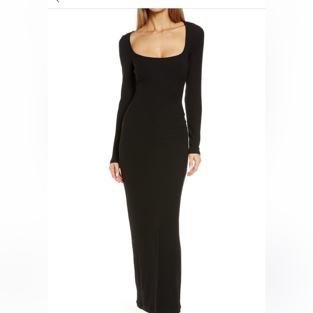 Skims Soft Lounge Long Sleeve Ribbed Square Neckline Maxi Dress Onyx Sz Large